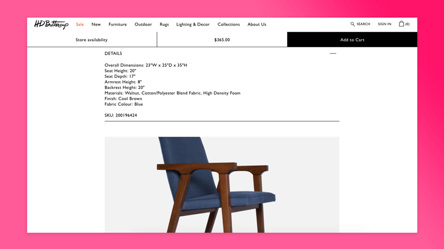 HD Buttercup short video of navigating the product page of a modern living room chair showing all the product specifications.