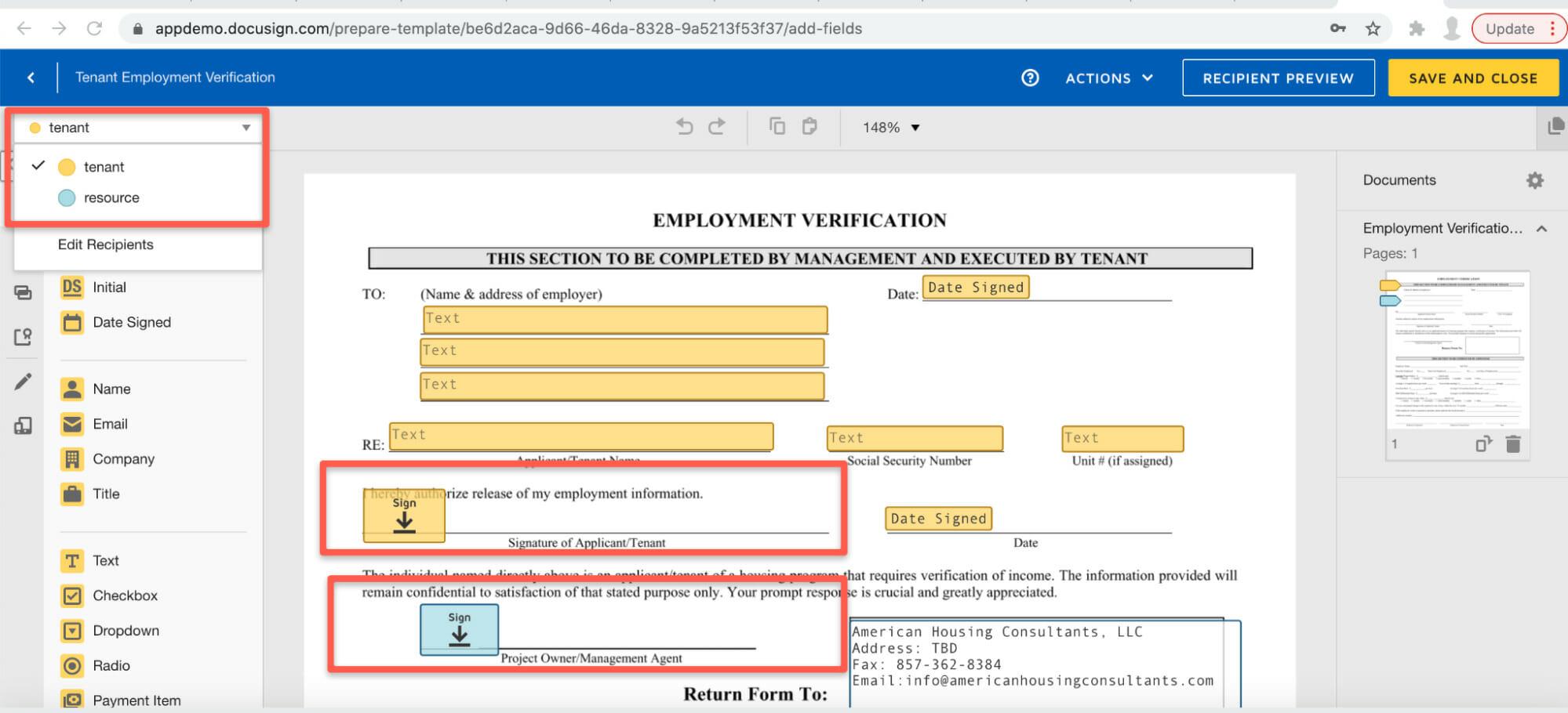 Screenshot of the DocuSign API, indicating where on a form each party should sign.