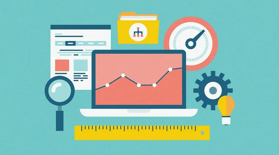 Image showing icons representing web building tools like a laptop, light bulb, gear, ruler, spreadsheet, file folder, and meter reading.