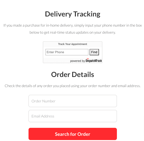 Image of web page section that allows customers to type in information to track Mattress Warehouse deliveries.